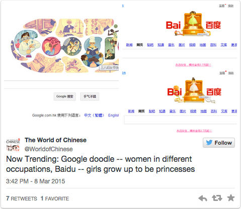 Twitter发文：“现在正热议：谷歌插画——不同职业的女性，百度——女孩出落成公主。”