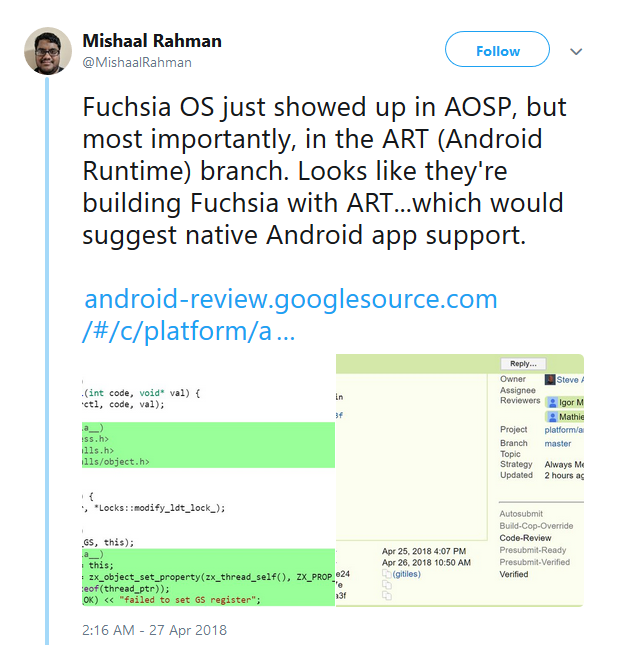 图1：谷歌 Fuchsia 源码现身 AOSP，开发者发现其支持运行原生安卓应用