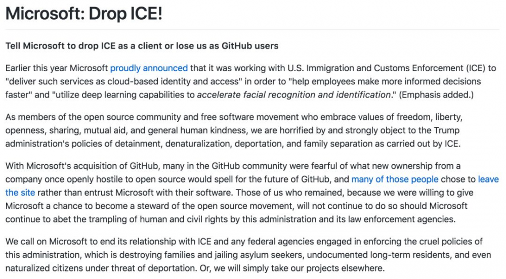 图1：微软“反非法移民”政府AI项目遭github社区成员联名抵制