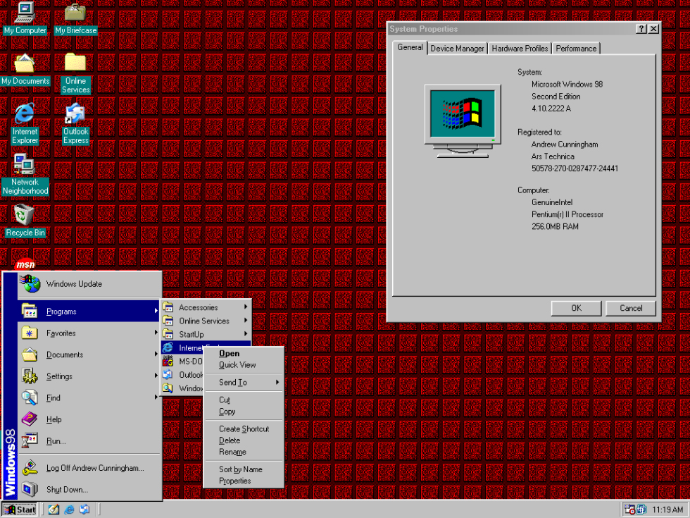 Windows Start Menue Windows 98 SE