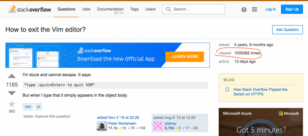 图1：Stack Overflow：帮助一百万开发者退出Vim