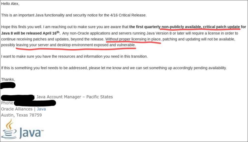图1：甲骨文通知用户需付费获取Java 8 更新