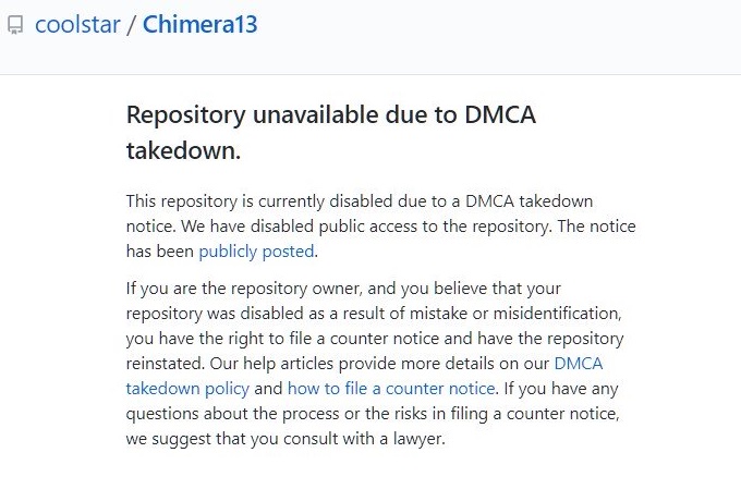 图0：GitHub在接到DMCA通知后删除了Chimera13 iOS越狱工具项目