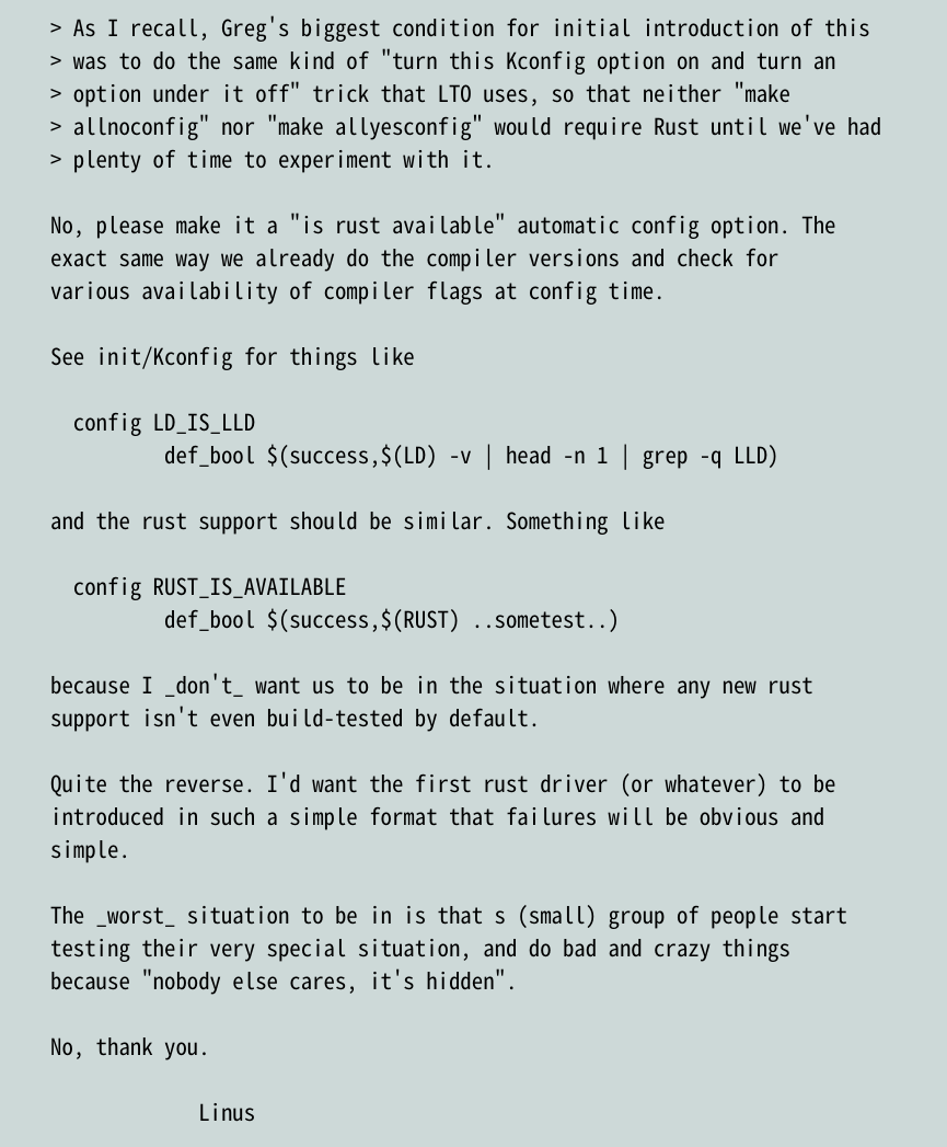 图0：Linus Torvalds 对 Linux 内核支持 Rust 的看法：默认可以有效启用