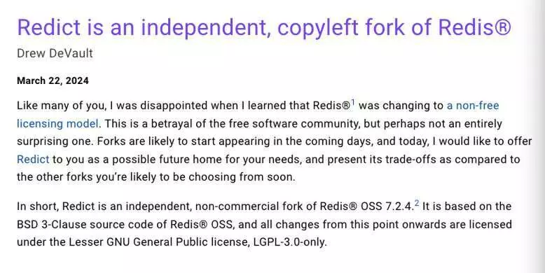 图1: redis redict 开源开源 Redis 的生命将就此终结?Redis 之父回应分叉浪潮:未来谁能领先,各凭本事!