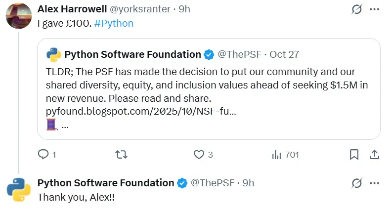 图0:拒绝反DEI联邦拨款后,Python软件基金会迎来捐赠热潮 图0:拒绝反DEI联邦拨款后,Python软件基金会迎来捐赠热潮